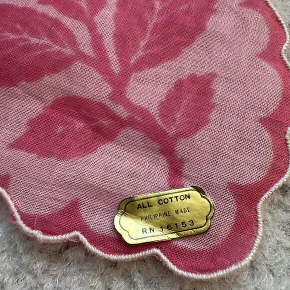 Vintage 1950s Philippine Embroidered Leaf Cotton Handkerchief Set Of 2 Blue Pink - Picture 5 of 7